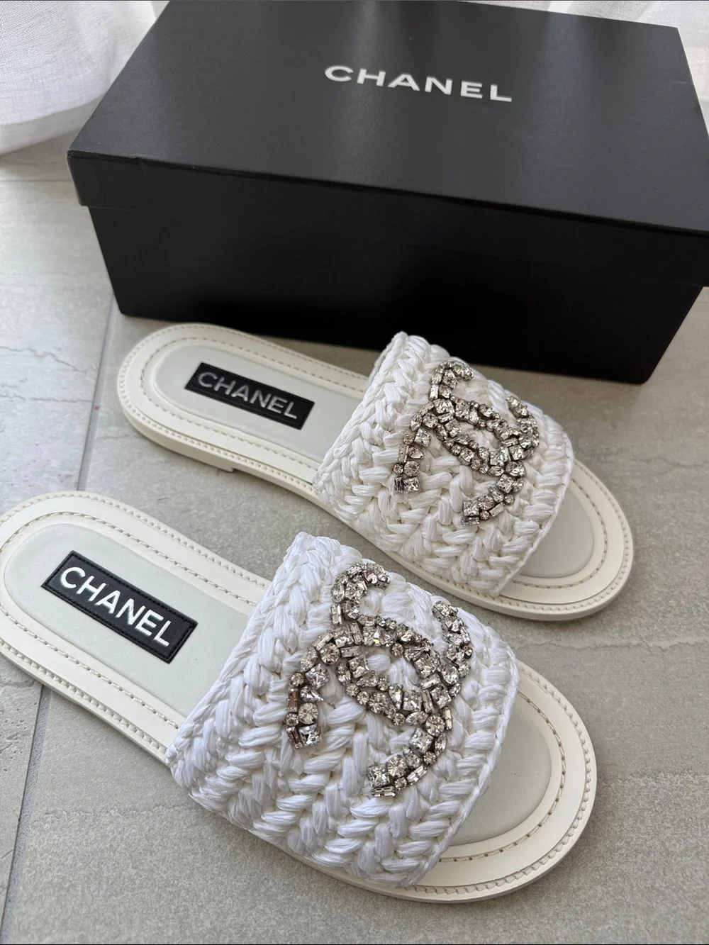 CHANEL White Braided Crystal CC Slide Sandals